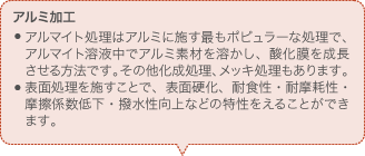 アルミ加工 アルマイト処理はアルミに施す最もポピュラーな処理で、アルマイト溶液中でアルミ素材を溶かし、酸化膜を成長させる方法です。その他化成処理、メッキ処理もあります。 表面処理を施すことで、表面硬化、耐食性・耐摩耗性・摩擦係数低下・撥水性向上などの特性をえることができます。