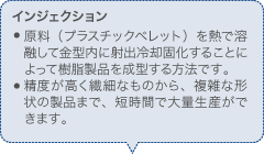 インジェクション 原料（プラスチックペレット）を熱で溶融して金型内に射出冷却固化することによって樹脂製品を成型する方法です。 精度が高く繊細なものから、複雑な形状の製品まで、短時間で大量生産ができます。