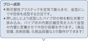 ブロー成形 熱可塑性プラスチックを空気で膨らませ、金型にして中空体を成型する方法です。 押し出しにより成型したパイプ状の物を軟化状態で挟み込み、パイプ状の内側圧縮空気を入れて金型の内壁に密着させて中空の容器を作ります。（食品容器、洗剤容器、化粧品容器などの製作ができます）