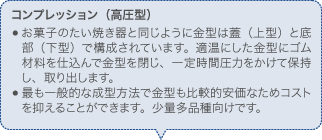 コンプレッション（高圧型） お菓子のたい焼き器と同じように金型は蓋（上型）と底部（下型）で構成されています。適温にした金型にゴム材料を仕込んで金型を閉じ、一定時間圧力をかけて保持し、取り出します。 最も一般的な成型方法で金型も比較的安価なためコストを抑えることができます。少量多品種向けです。