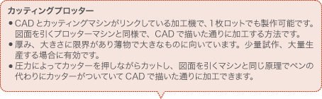 カッティングプロッター CADとカッティングマシンがリンクしている加工機で、１枚ロットでも製作可能です。図面を引くプロッターマシンと同様で、CADで描いた通りに加工する方法です。 厚み、大きさに限界があり薄物で大きなものに向いています。少量試作、大量生産する場合に有効です。 圧力によってカッターを押しながらカットし、図面を引くマシンと同じ原理でペンの代わりにカッターがついていてCADで描いた通りに加工できます。