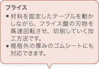 フライス 材料を固定したテーブルを動かしながら、フライス盤の刃物を高速回転させ、切削していく加工方法です。 規格外の厚みのゴムシートにも対応できます。